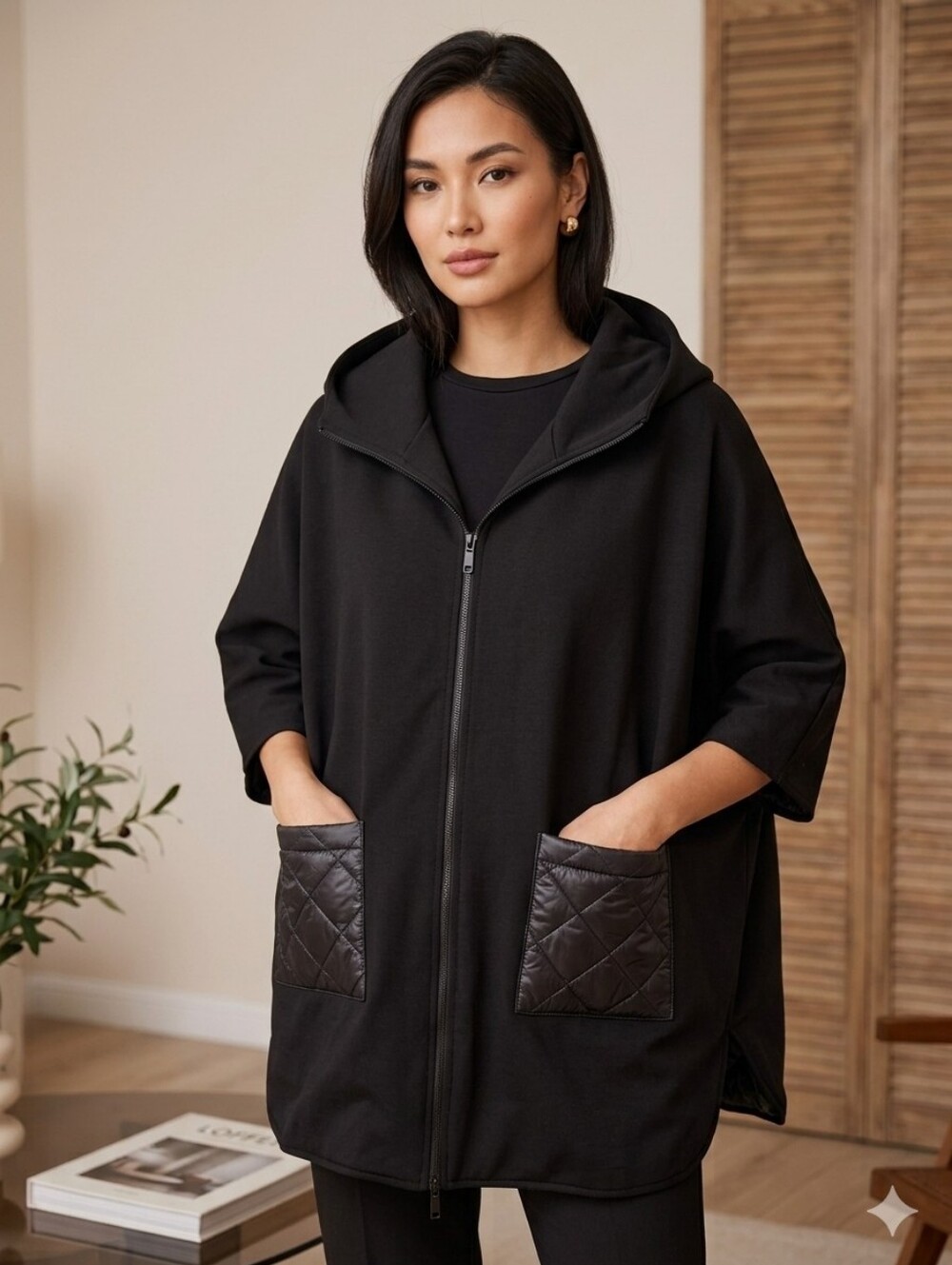 Joseph Ribkoff Black Quilted Hooded Reversible Cape Jacket Size 12